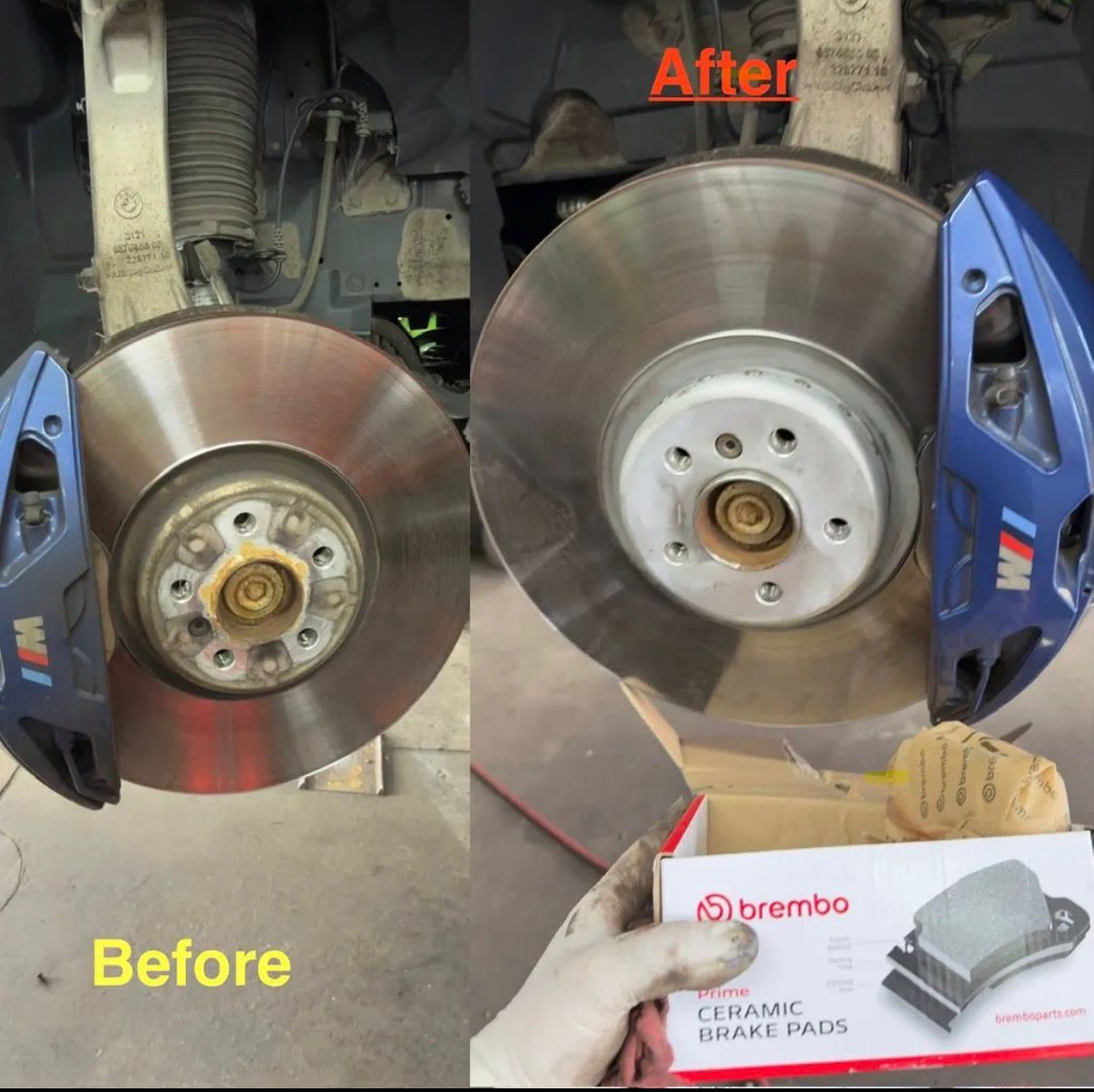 Brake rotor and caliper before and after service with new ceramic pads