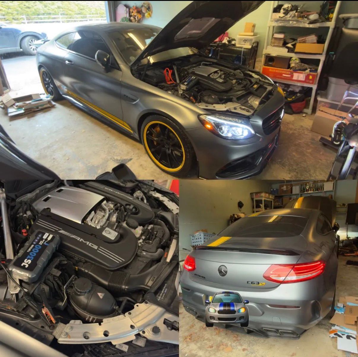 Grey coupe with the hood open and engine bay shots